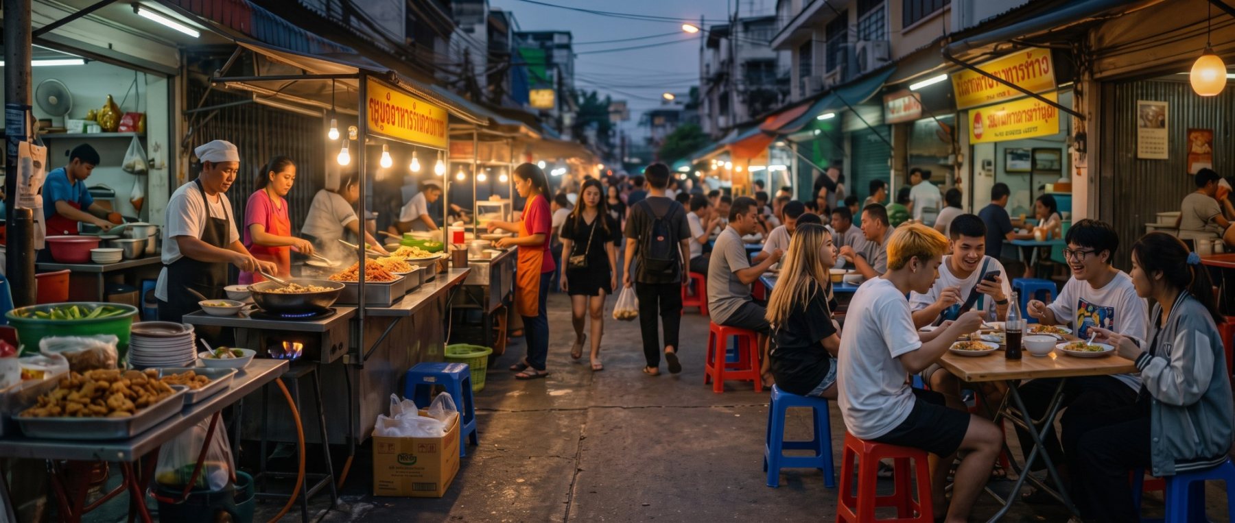 ร้านอาหารยามค่ำ ผู้คนนั่งทานอาหารด้วยกัน
