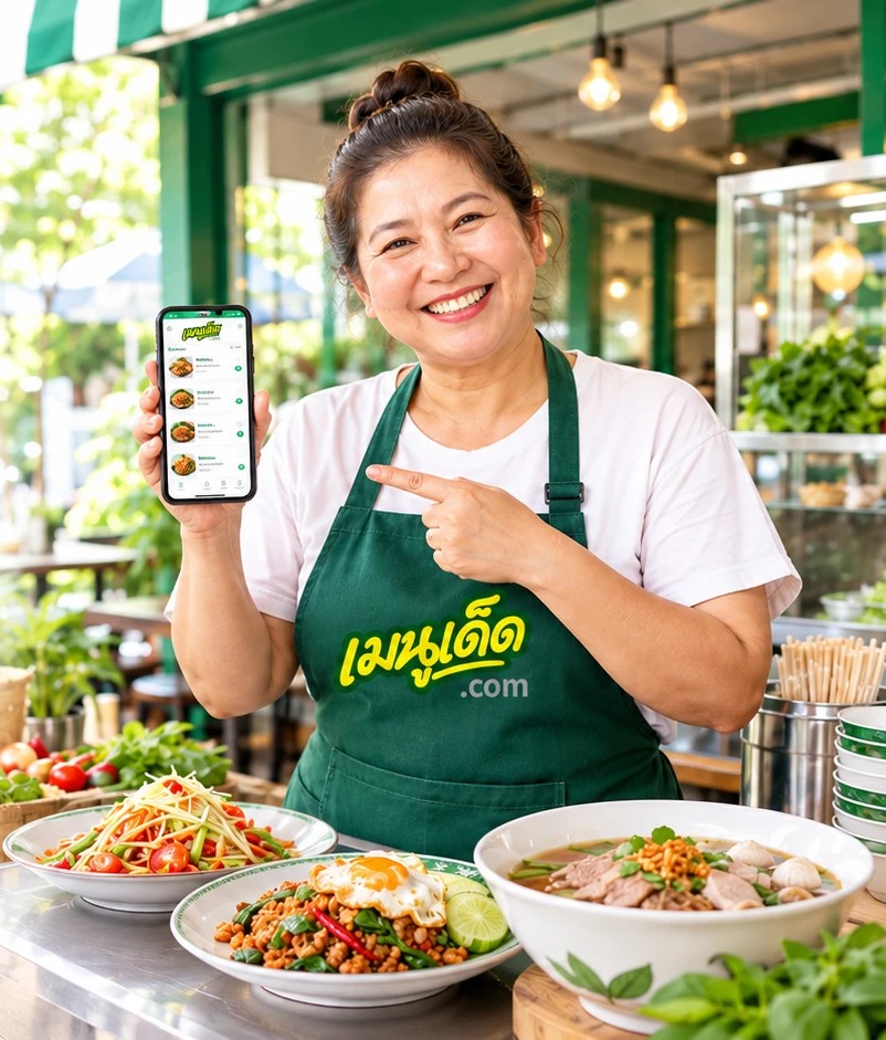 เจ้าของร้านอาหารไทยยิ้มพร้อมถือมือถือที่เปิดหน้าร้านบน MenuDed